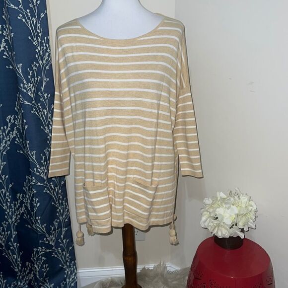 Lilly Pulitzer Elba Sweater Heathered Sand Bar Coastal Shell Stripe Tan White XS - Picture 1 of 9